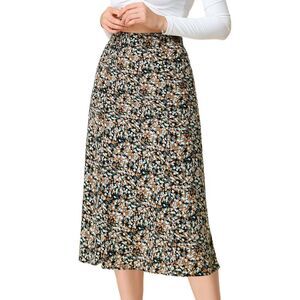 Women Floral Midi Skirt Peasant Elastic Waist A-Line Ditsy Leave Print BlueBrown